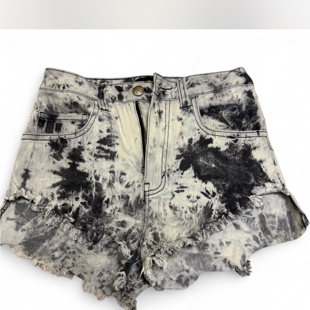 Dolls Kill Black and White Jean Shorts with Distressed Hem